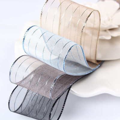 10mm-25mm Goldlinie gestreiftes Polyester Organza Band für Geschenkeverpackung und Kisten Verpackung oder Bandbogen